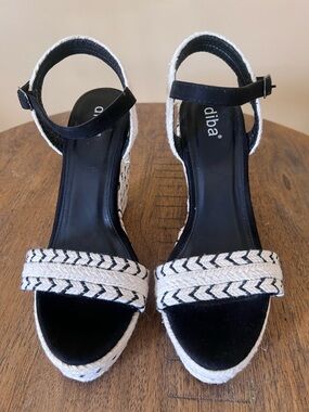 Diba Black and White Braided Espadrille Wedge Sandals